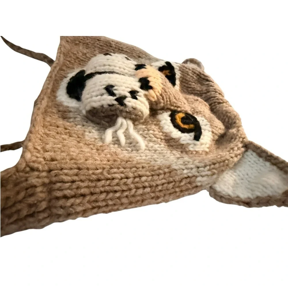 Vive Bien Hand Knit Wild Cat Trapper Hat RETIRED 100% Wool Fleece Lined Ecuador